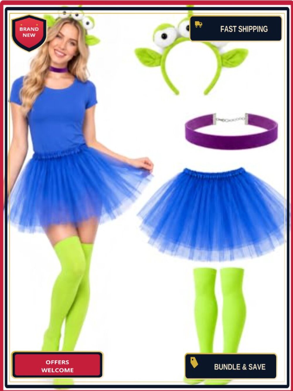 4 Pc Alien Costume Set Women Plush 3-Eye Headband Tulle Tutu Choker Socks